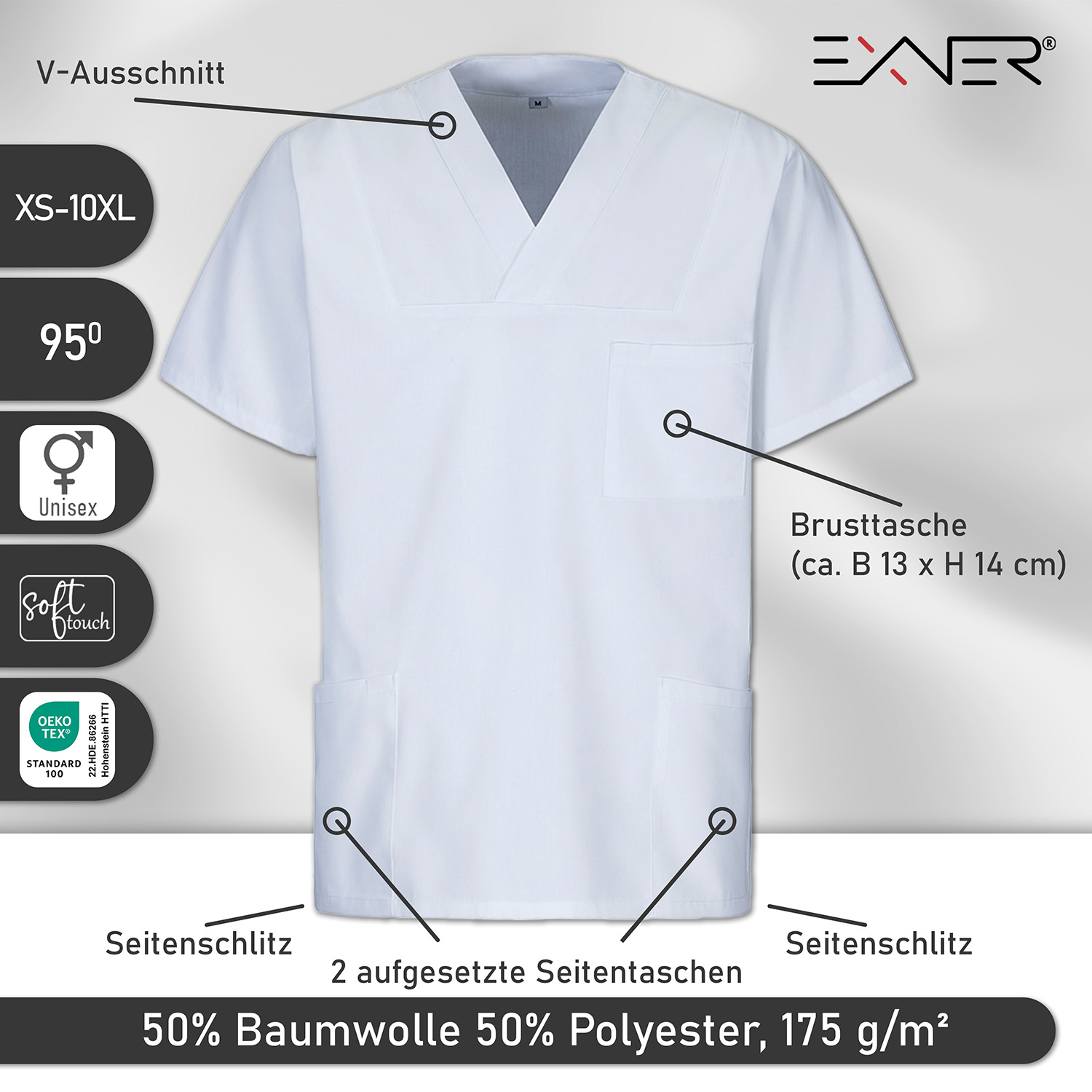 Details des Schlupfkasack, 50% Baumwolle 50% Polyester, Seitenschlitze, 95 Grad Waschbar, Oeko Tex