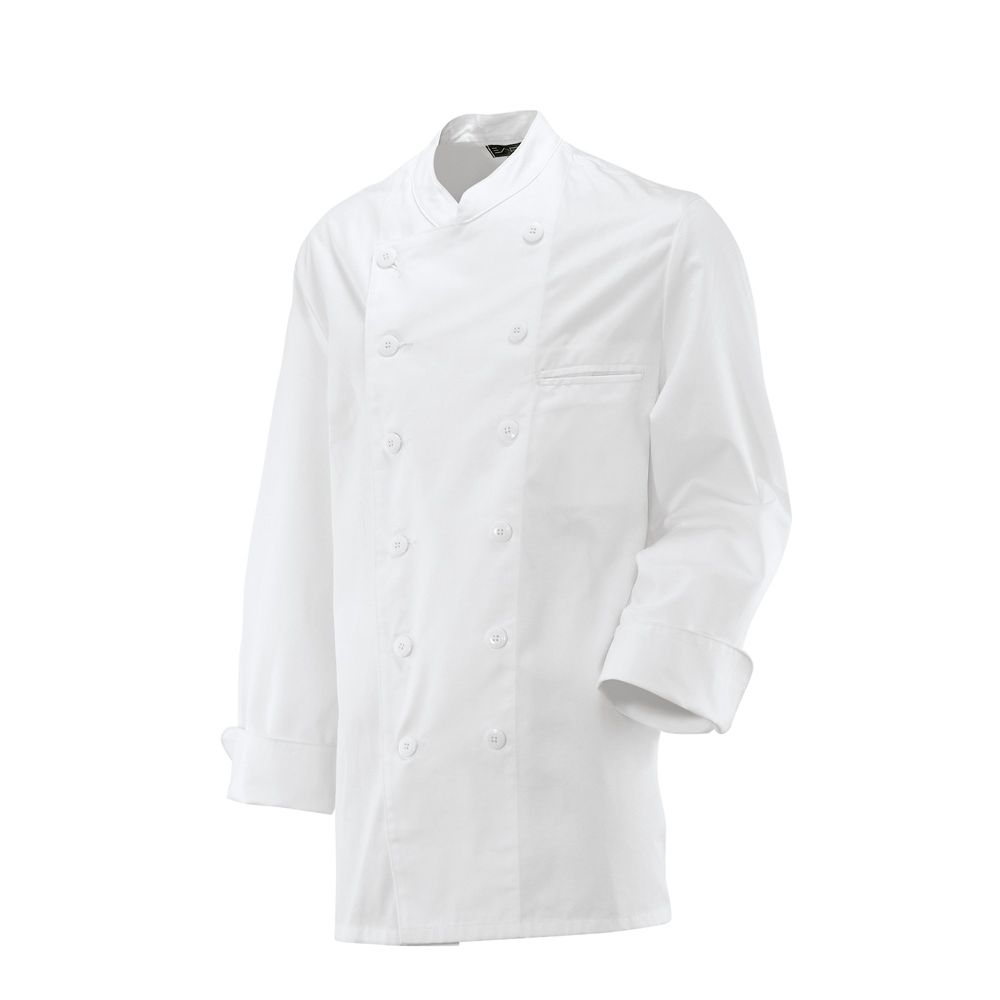 Langarm. 2-reihig. 6-Loch-Knopfreihe. Trapezform, Stehkragen. Ärmel mit doppeltem Umschlag.