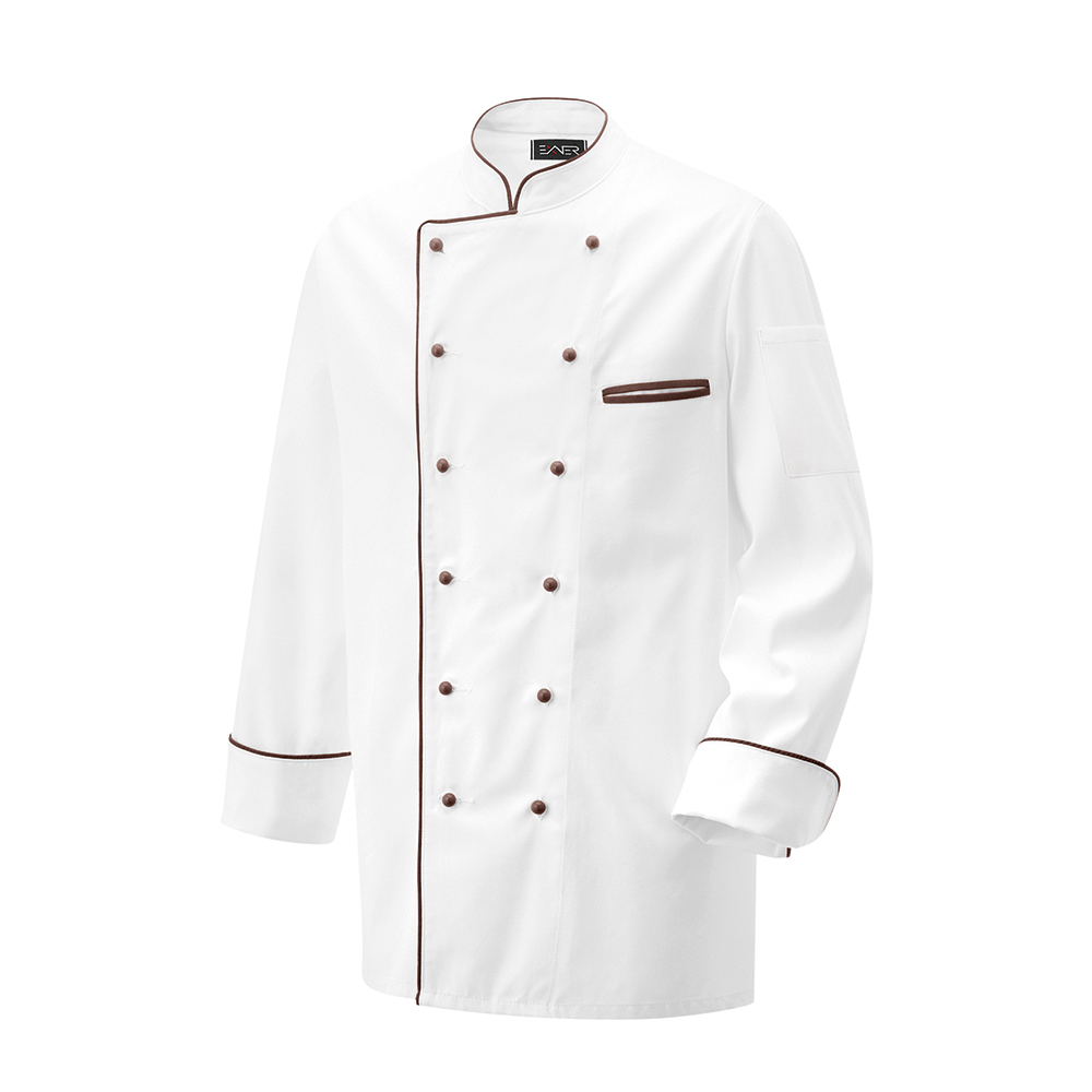 Langarm.2-reihig. 6-Loch-Knopfreihe. Trapezform. Stehkragen, Manschette, Paspelierung in Kontrastfar