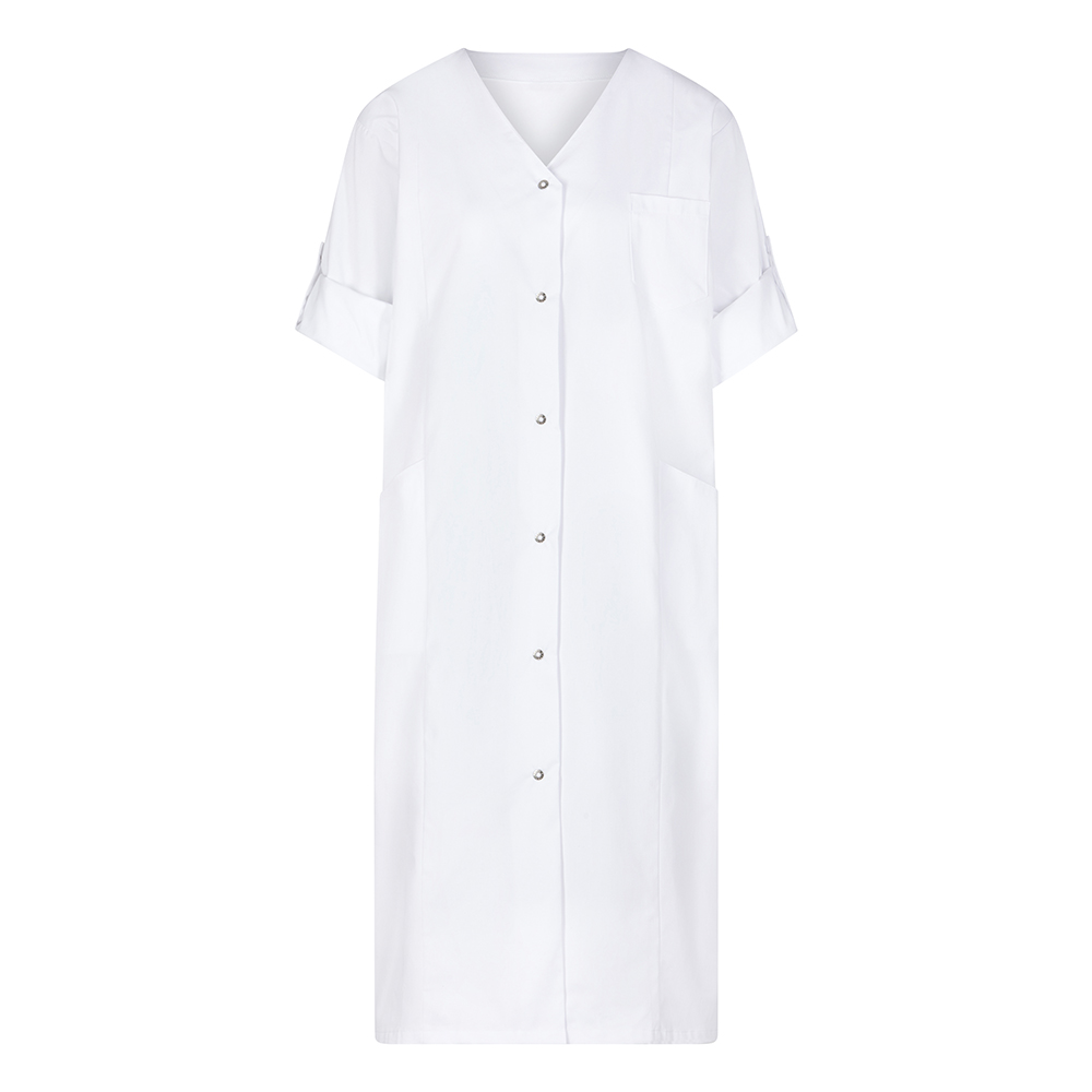 Damenlaborkittel,Vorderansicht mit gekrämpelten ärmeln.