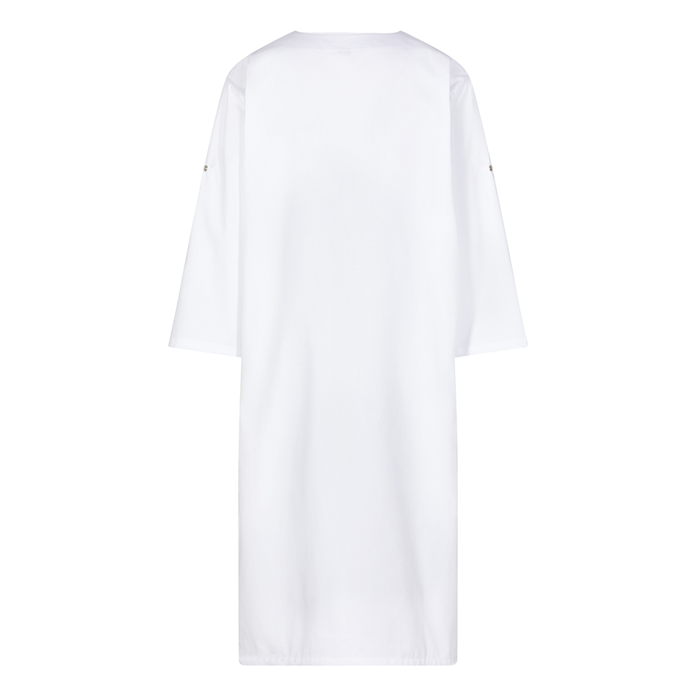 Damenlaborkittel,Hinteransicht,mit Ärmeln hochgekrämpelt.