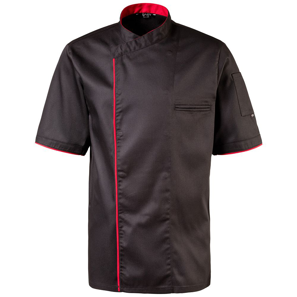 Halbarm. 2-reihige Druckknopfleiste. Trapezform. Stehkragen.