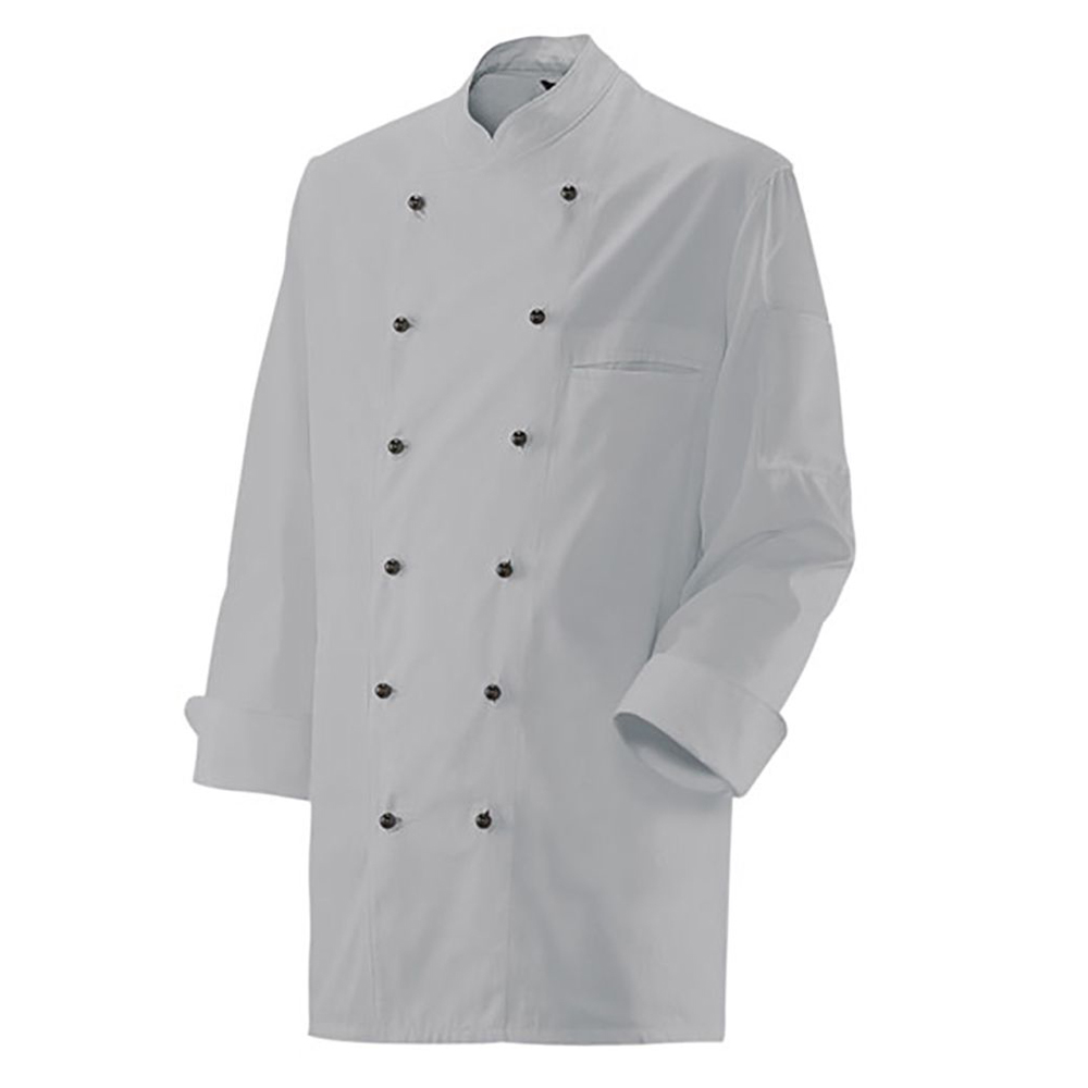 Langarm. 2-reihig. 6-Loch-Knopfreihe. Trapezform. Stehkragen. Ärmel mit doppeltem Umschlag.