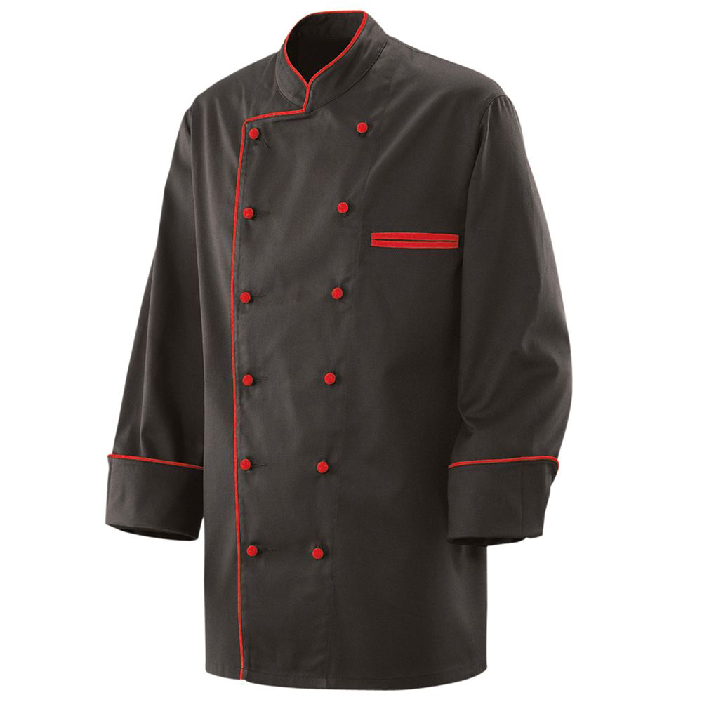 Langarm. 2-reihig. 6-Loch-Knopfreihe. Trapezform, Stehkragen. Ärmel mit doppeltem Umschlag. Innenlie