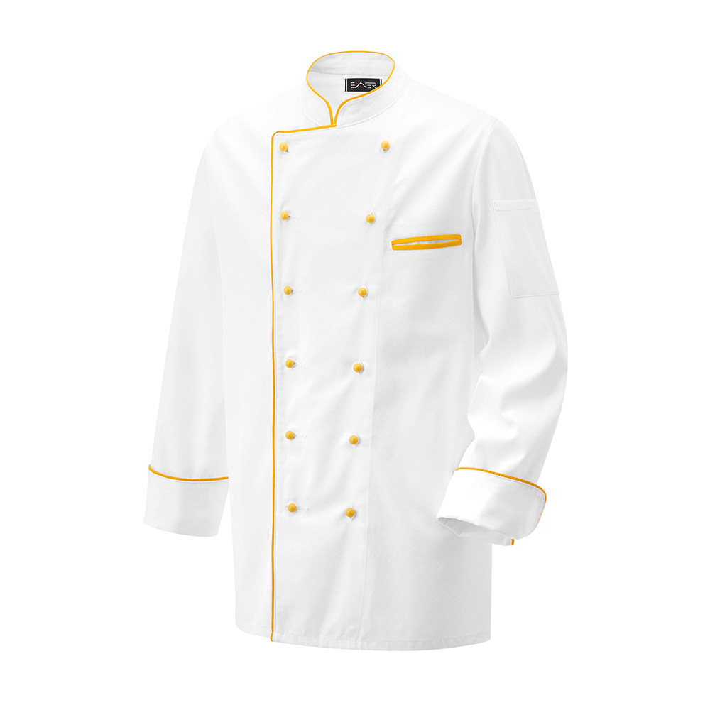 Langarm.2-reihig. 6-Loch-Knopfreihe. Trapezform. Stehkragen, Manschette, Paspelierung in Kontrastfar