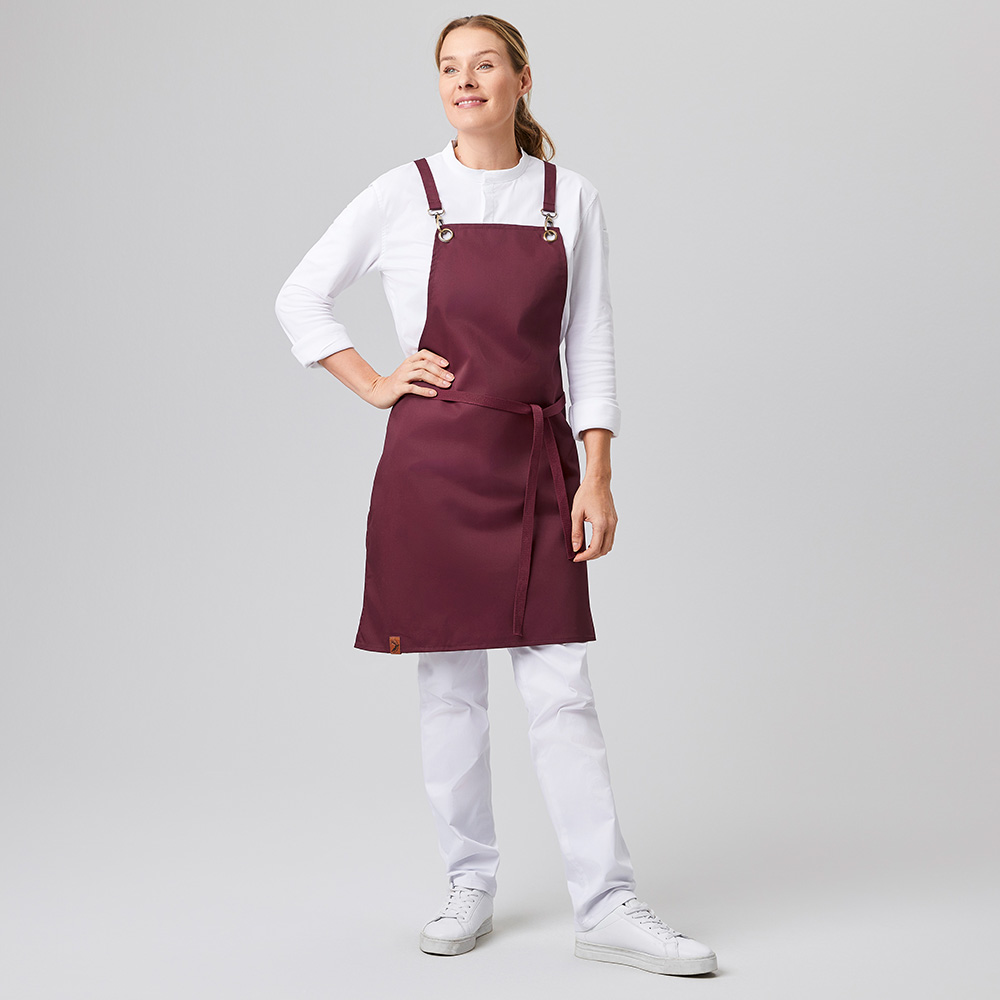 Klassische Latzschürze,Metall-Ösen am Latz,Und Stoffbändern.
