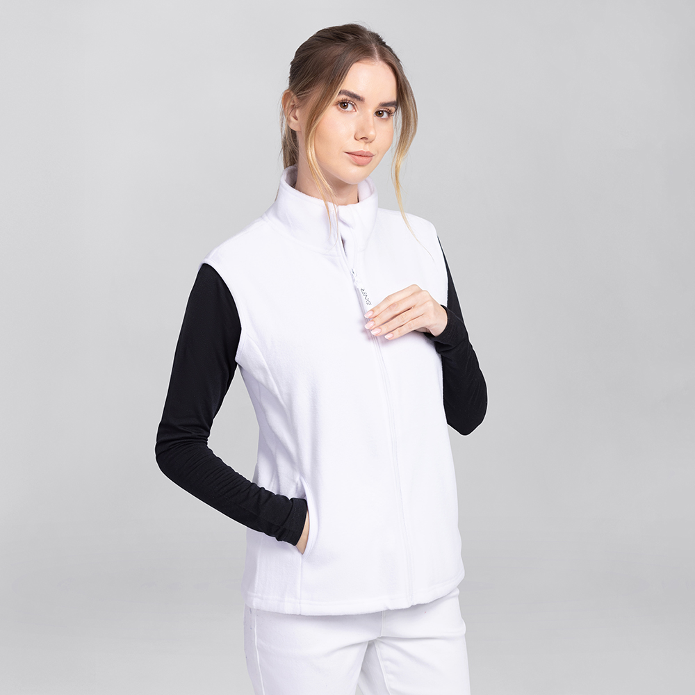 Damenfleeceweste-mit durchgehenden Reissverschluss-Zipper-Exner-logo.Taliertgeschnitten.