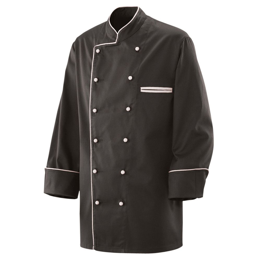 Langarm. 2-reihig. 6-Loch-Knopfreihe. Trapezform, Stehkragen. Ärmel mit doppeltem Umschlag. Innenlie