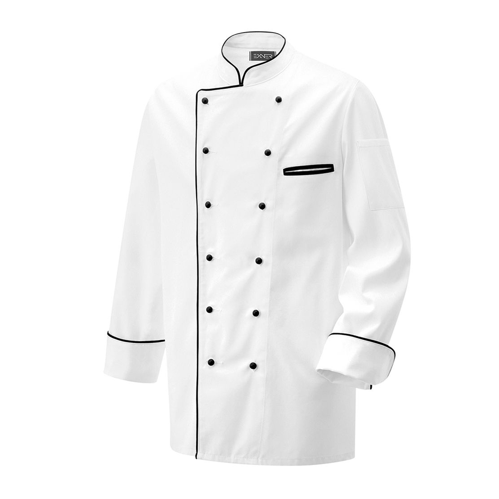 Langarm.2-reihig. 6-Loch-Knopfreihe. Trapezform. Stehkragen. Ärmel mit doppeltem Umschlag.