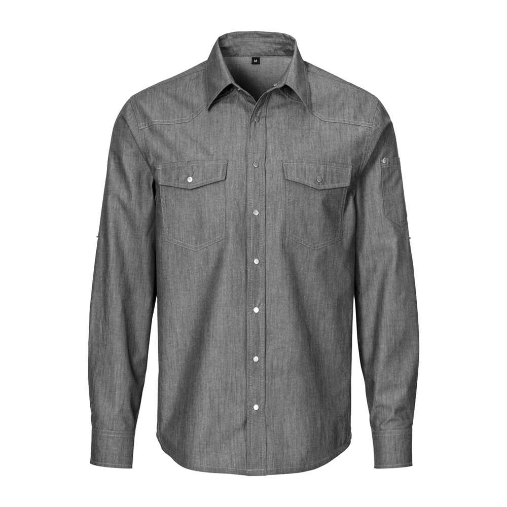 Herren-jeanshemdlangarm,mit Pull-Up- Sleerves,und 2 Brusthasten mit Kentkragen,Druckkopfleiste.