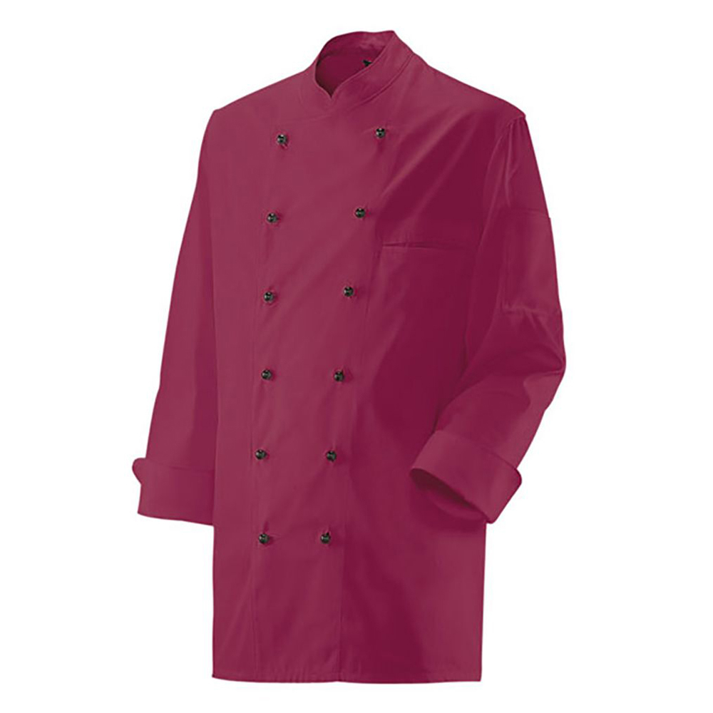 Langarm. 2-reihig. 6-Loch-Knopfreihe. Trapezform. Stehkragen. Ärmel mit doppeltem Umschlag.