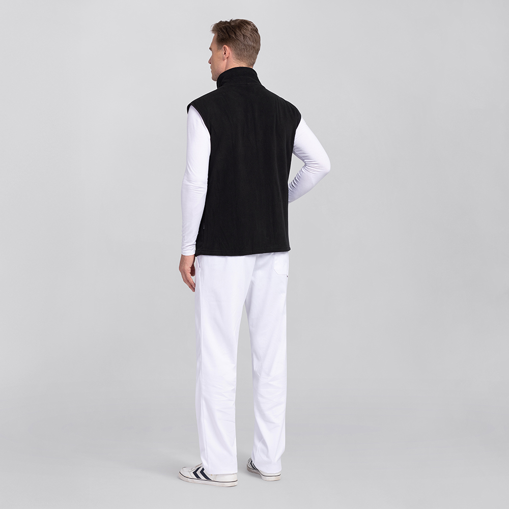 Herrenfleeceweste-Rückansicht mit hohen Kragen normaler Schnitt.