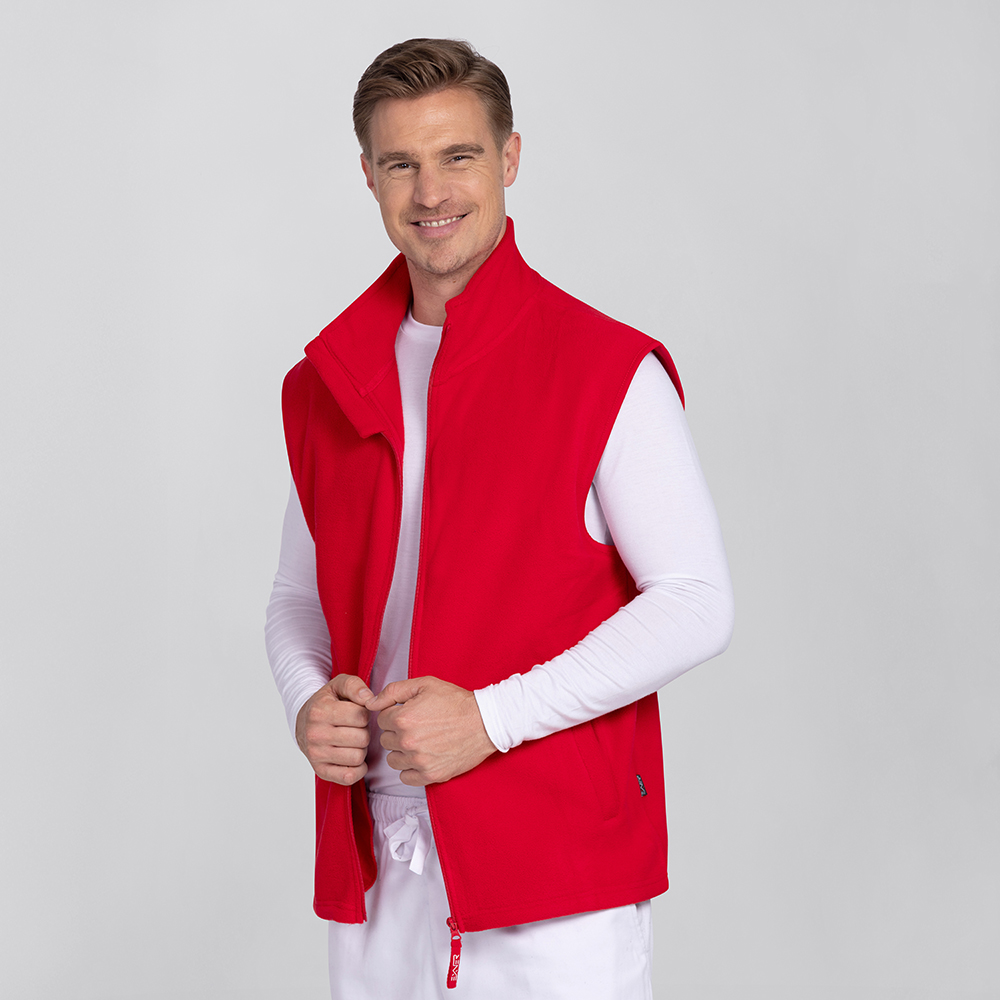 Herrenfleeceweste,offneansicht mit durchgehenden Reissverschluss und 2 Seitentaschen.